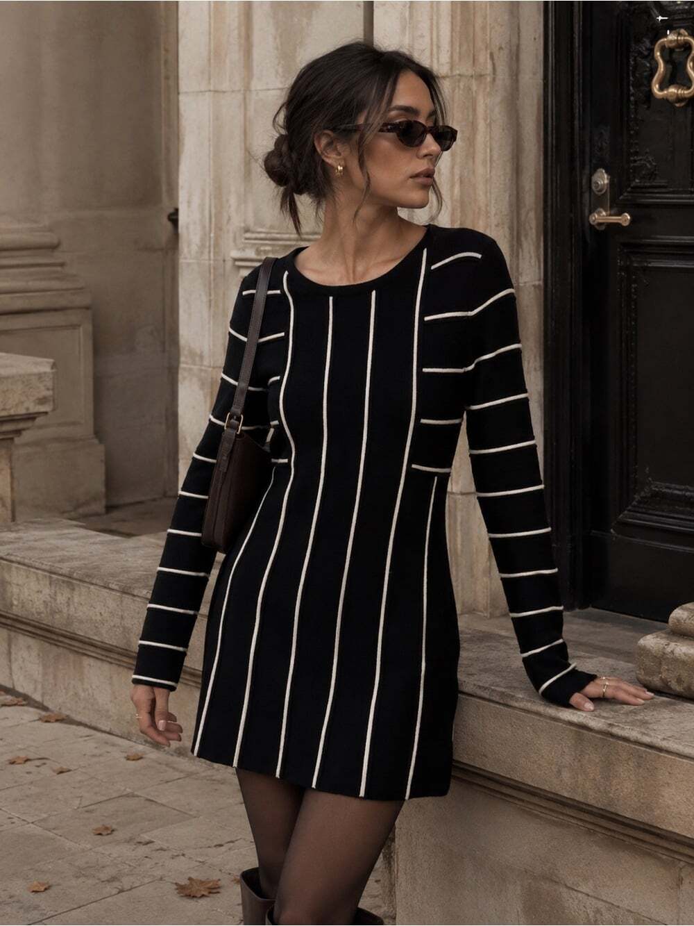 Alice + Olivia Scoop Wool Sweater Dress Black Stripe Mod Quiet Luxury Mini